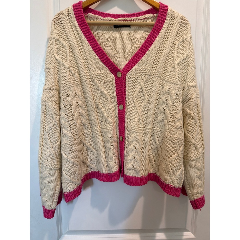 Olivaceous Cream Pink Cable Knit Cardigan Sweater Cotton V-Neck Oversized ML